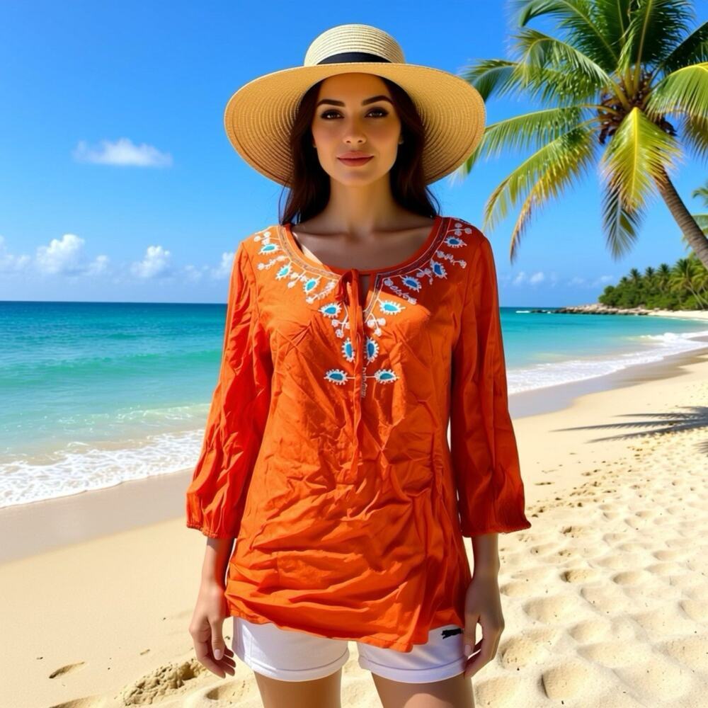 Gunit Fashions Vintage Y2K Embroidered Bohemian TunicTop Orange Coastal Summer S